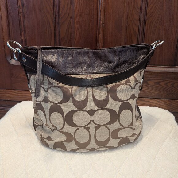 COACH SIGNATURE C ZOE BROWN LEATHER & JACQUARD Y2K HOBO F14709 SHOULDER HANDBAG - Picture 1 of 14